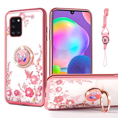 nancheng for Samsung Galaxy A31 Phone Case Cute Soft Silicone Clear Cover for Girls Women with Ring Kickstand Strap Lanyard Shockproof Drop Protection Case for Samsung A31 4G - Rose Butterfly - Image 1