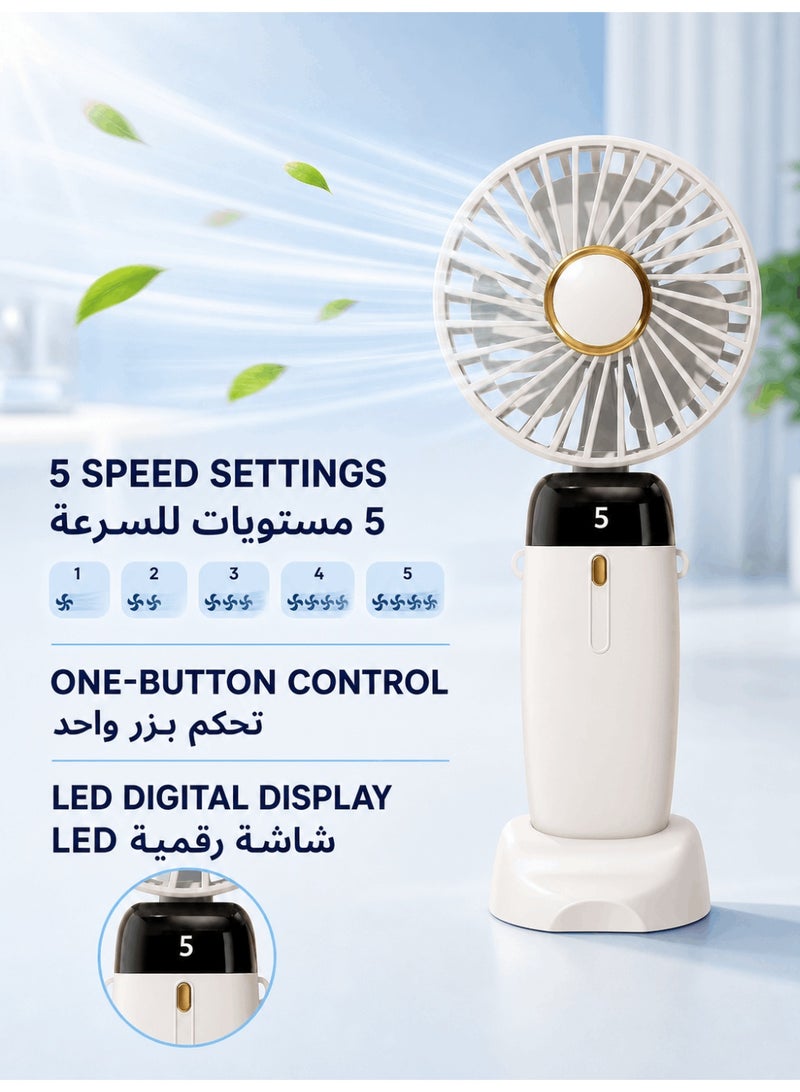 مروحة يدوية محمولة قابلة لإعادة الشحن بخمس سرعات وشاشة LED، متينة للاستخدام في المكتب وغرفة النوم والأنشطة الخارجية والسفر (أبيض) - Image 2
