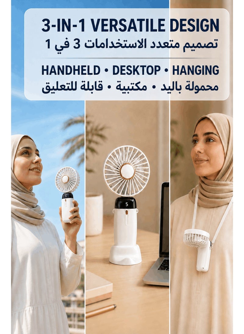 مروحة يدوية محمولة قابلة لإعادة الشحن بخمس سرعات وشاشة LED، متينة للاستخدام في المكتب وغرفة النوم والأنشطة الخارجية والسفر (أبيض) - Image 5