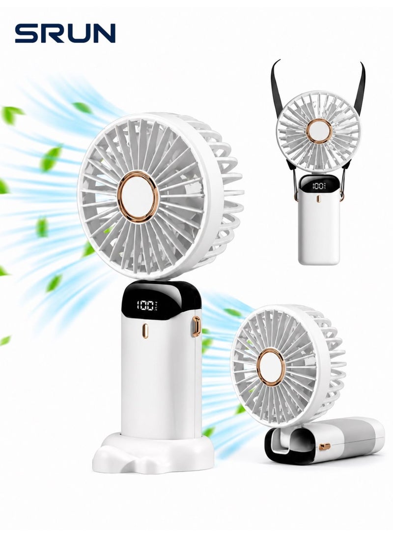 مروحة يدوية محمولة قابلة لإعادة الشحن بخمس سرعات وشاشة LED، متينة للاستخدام في المكتب وغرفة النوم والأنشطة الخارجية والسفر (أبيض) - Image 1