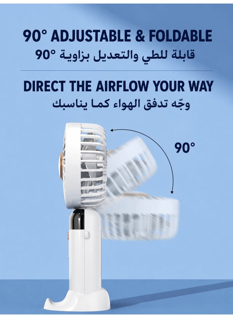 مروحة يدوية محمولة قابلة لإعادة الشحن بخمس سرعات وشاشة LED، متينة للاستخدام في المكتب وغرفة النوم والأنشطة الخارجية والسفر (أبيض) - Image 4