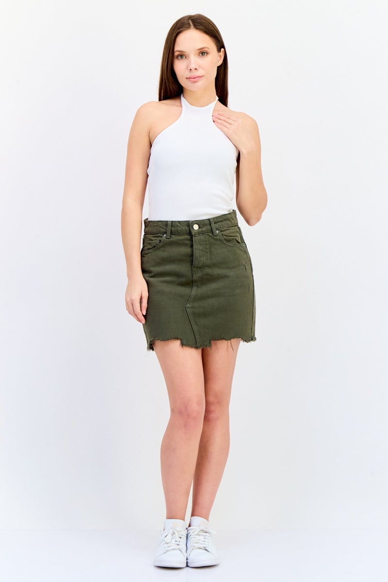 ONLY Women Solid Mini Denim Skirt, Olive  - Image 2
