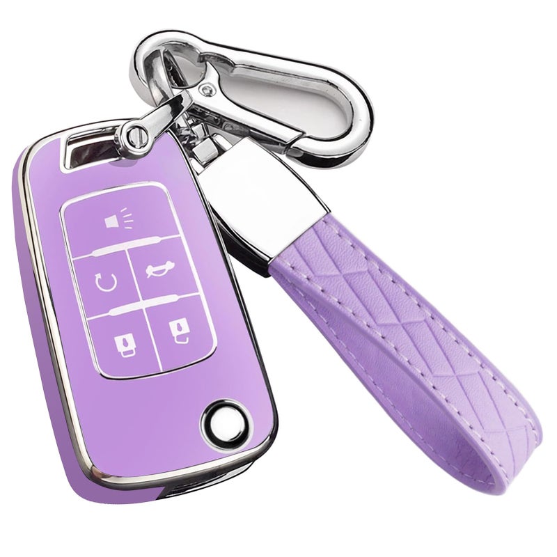 Cacacar for Chevy Key Fob Cover with Keychain, Premium TPU Full Protection Key Fob Case for Chevrolet Equinox Camaro Cruze Malibu Sonic Buick Terrain (5 Buttons Purple) - Image 1