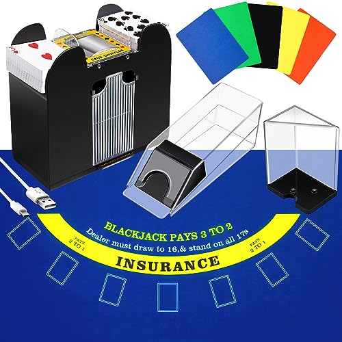 Aoriher Blackjack Game Combo Set, Include Blackjack Layout Felt,Shoe 6 Deck Automatic Card Shuffler Discard Holder Trays and 10 Cut Cards for Casino, Party Night(Blue) - Image 1