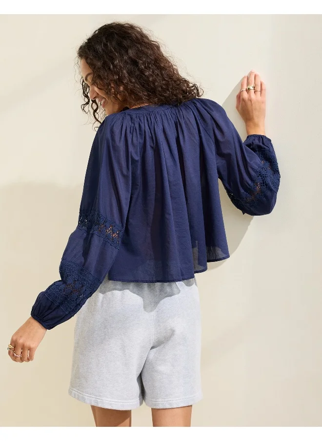 Aerie Aerie Long Sleeve Crochet Button Down Shirt