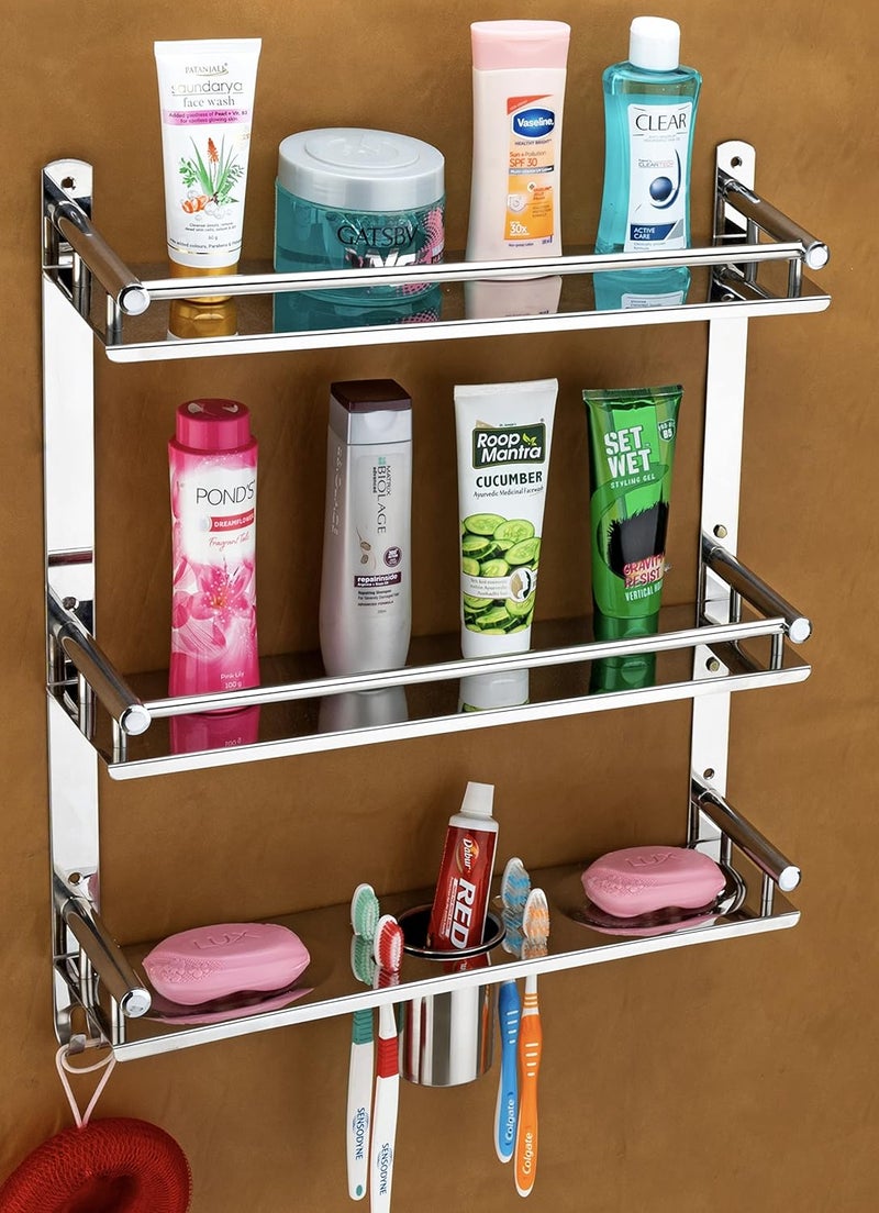 Oslen Stainless Steel Bathroom Rack Multipurpose Wall Mount Bathroom Organizer Bathroom Accessories Bathroom Shelf, Silver Mirror Finish (5 IN1 2 Layer Shelf) - Image 2