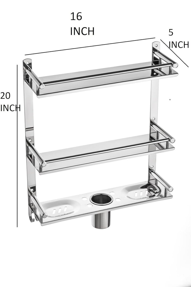 Oslen Stainless Steel Bathroom Rack Multipurpose Wall Mount Bathroom Organizer Bathroom Accessories Bathroom Shelf, Silver Mirror Finish (5 IN1 2 Layer Shelf) - Image 1