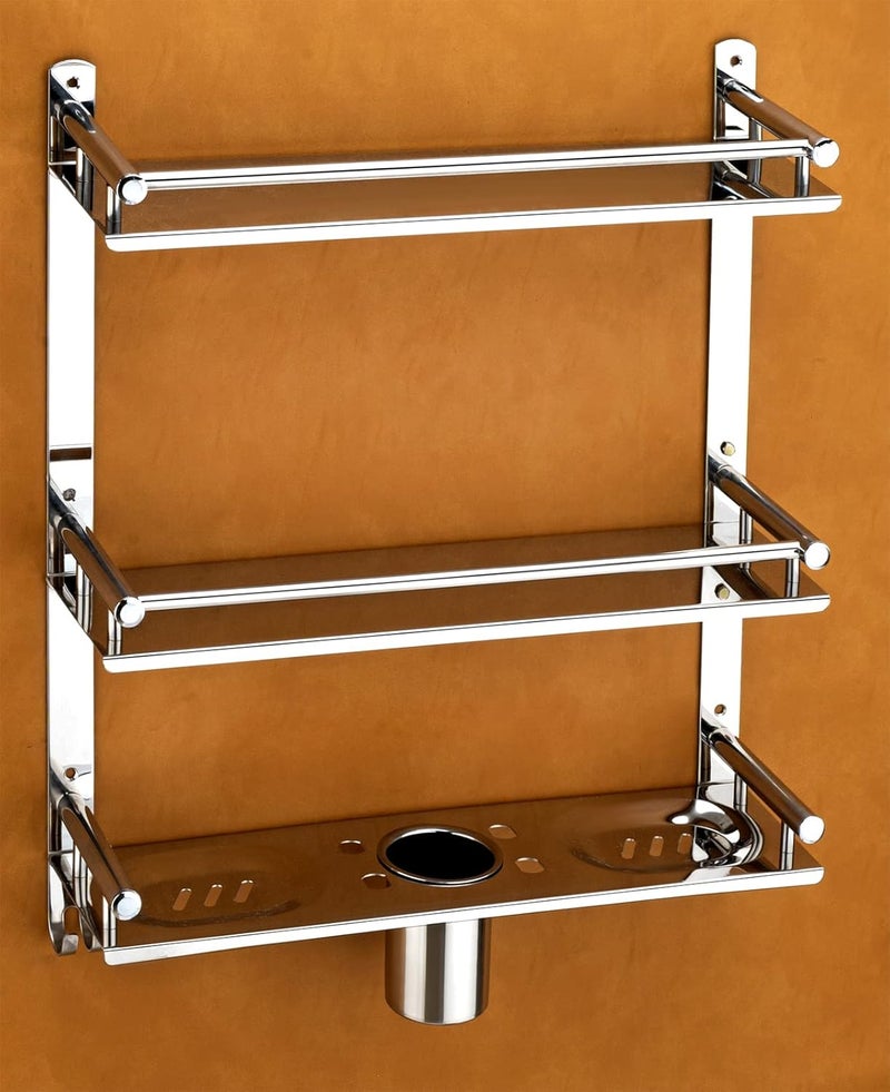 Oslen Stainless Steel Bathroom Rack Multipurpose Wall Mount Bathroom Organizer Bathroom Accessories Bathroom Shelf, Silver Mirror Finish (5 IN1 2 Layer Shelf) - Image 4