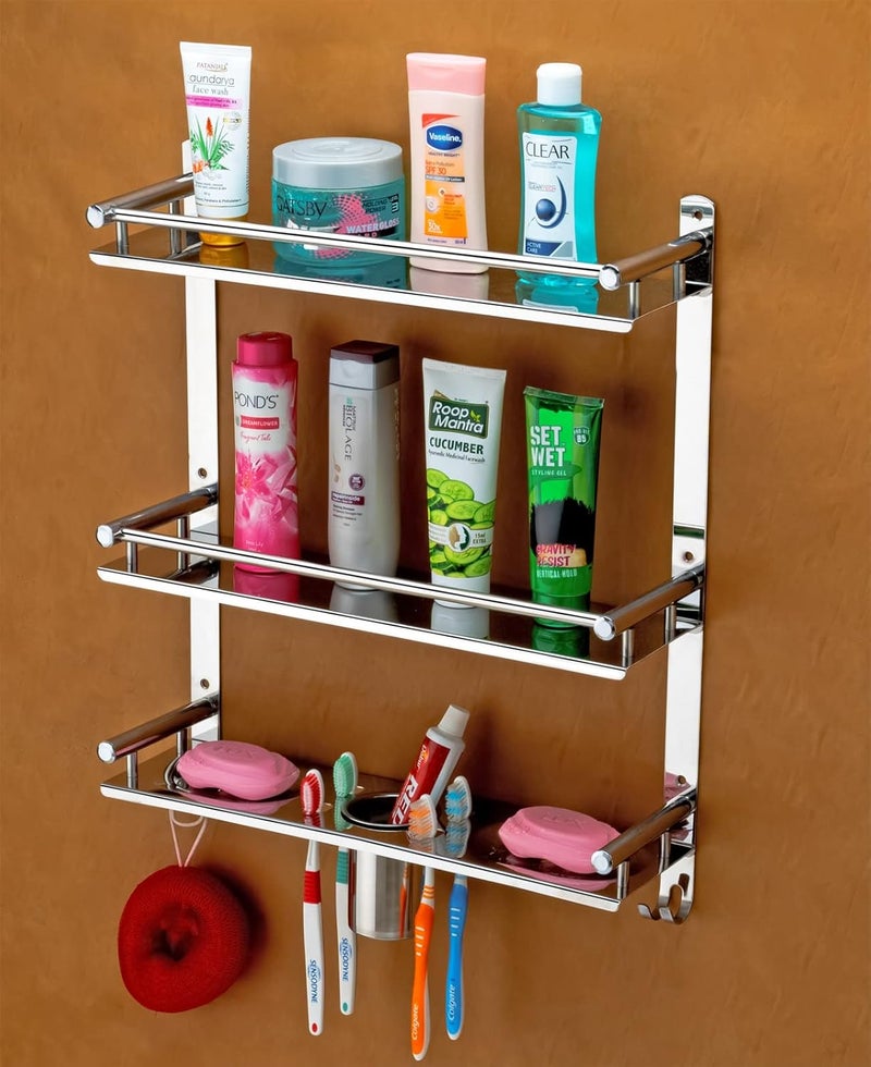 Oslen Stainless Steel Bathroom Rack Multipurpose Wall Mount Bathroom Organizer Bathroom Accessories Bathroom Shelf, Silver Mirror Finish (5 IN1 2 Layer Shelf) - Image 3