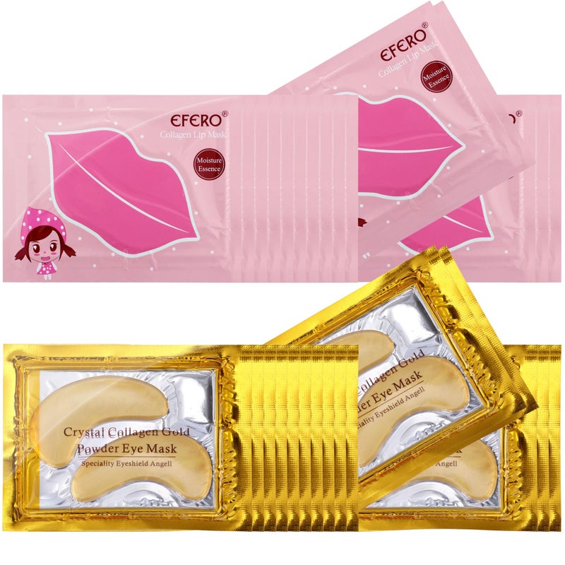DELISOUL 30 Pack Collagen Crystal Lip Masks and Gold Under Eye Masks Natural Moisturizing Gel AntiAging Anti Chapped Hydrating Reducing Puffiness Dark Circles and Wrinkles Lip Eye Pads for Women Men