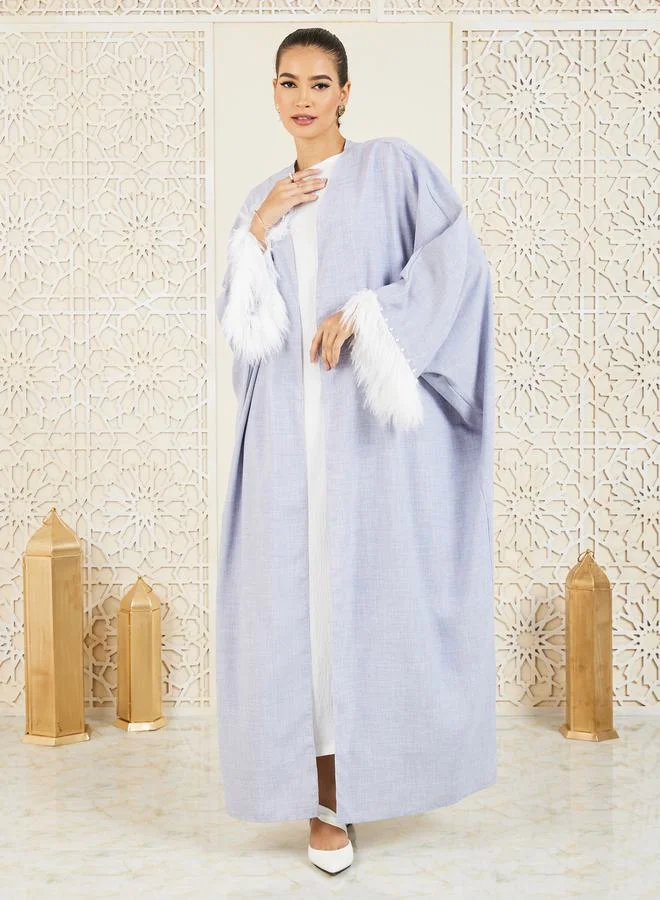 Styli Faux Feather Pearl Trim Textured Abaya
