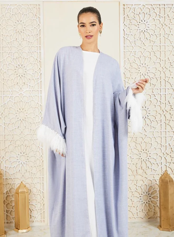 Styli Faux Feather Pearl Trim Textured Abaya