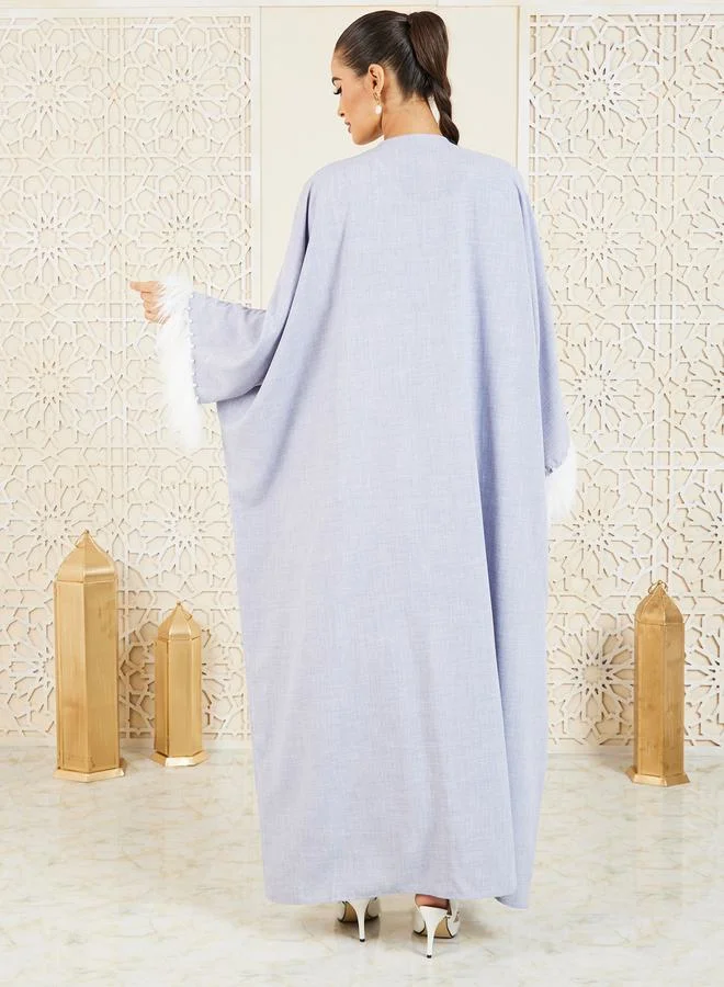 Styli Faux Feather Pearl Trim Textured Abaya