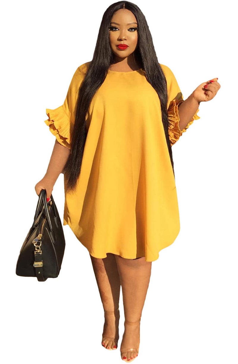 Ekaliy Women's Casual Vintage Ruffle Sleeve Loose Party Midi Plus Size Dress Casual Summer Yellow - Image 1