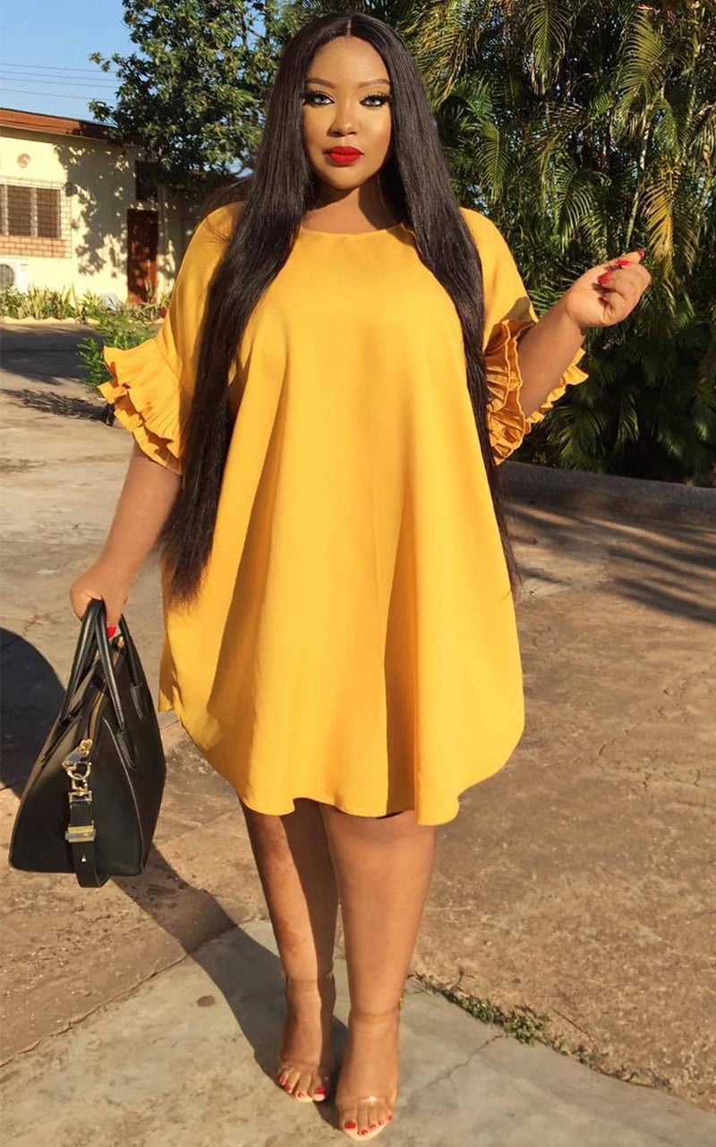 Ekaliy Women's Casual Vintage Ruffle Sleeve Loose Party Midi Plus Size Dress Casual Summer Yellow - Image 3