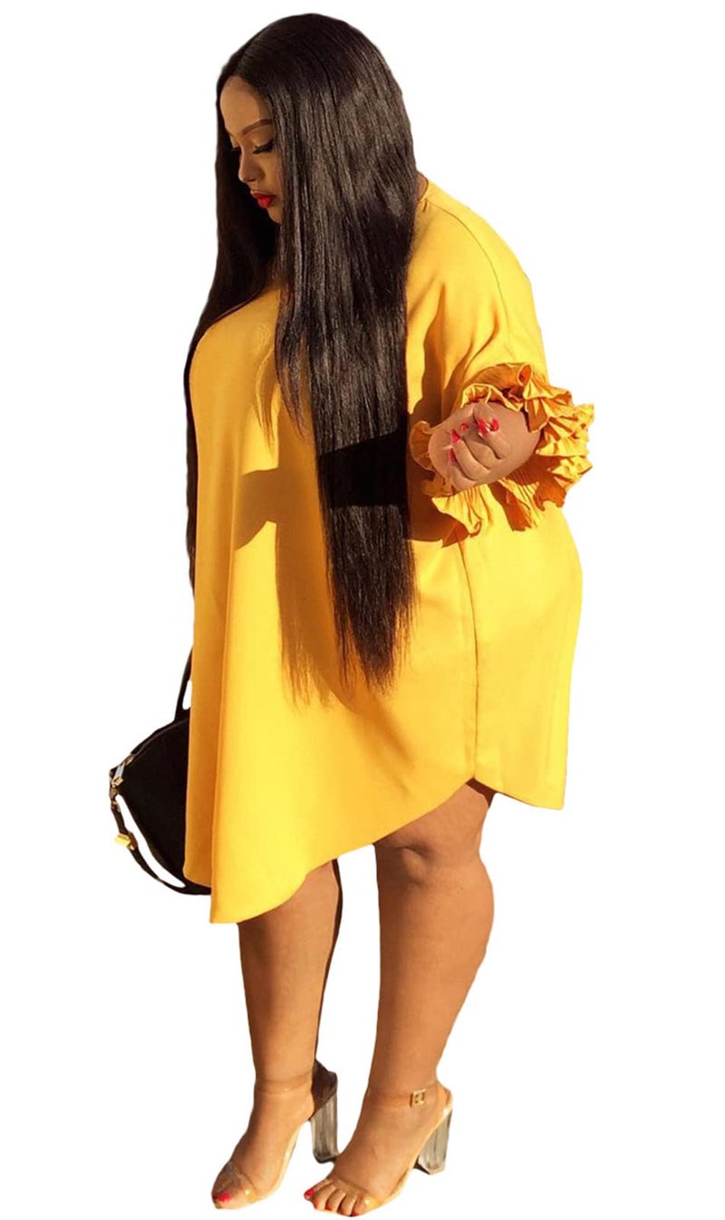 Ekaliy Women's Casual Vintage Ruffle Sleeve Loose Party Midi Plus Size Dress Casual Summer Yellow - Image 2