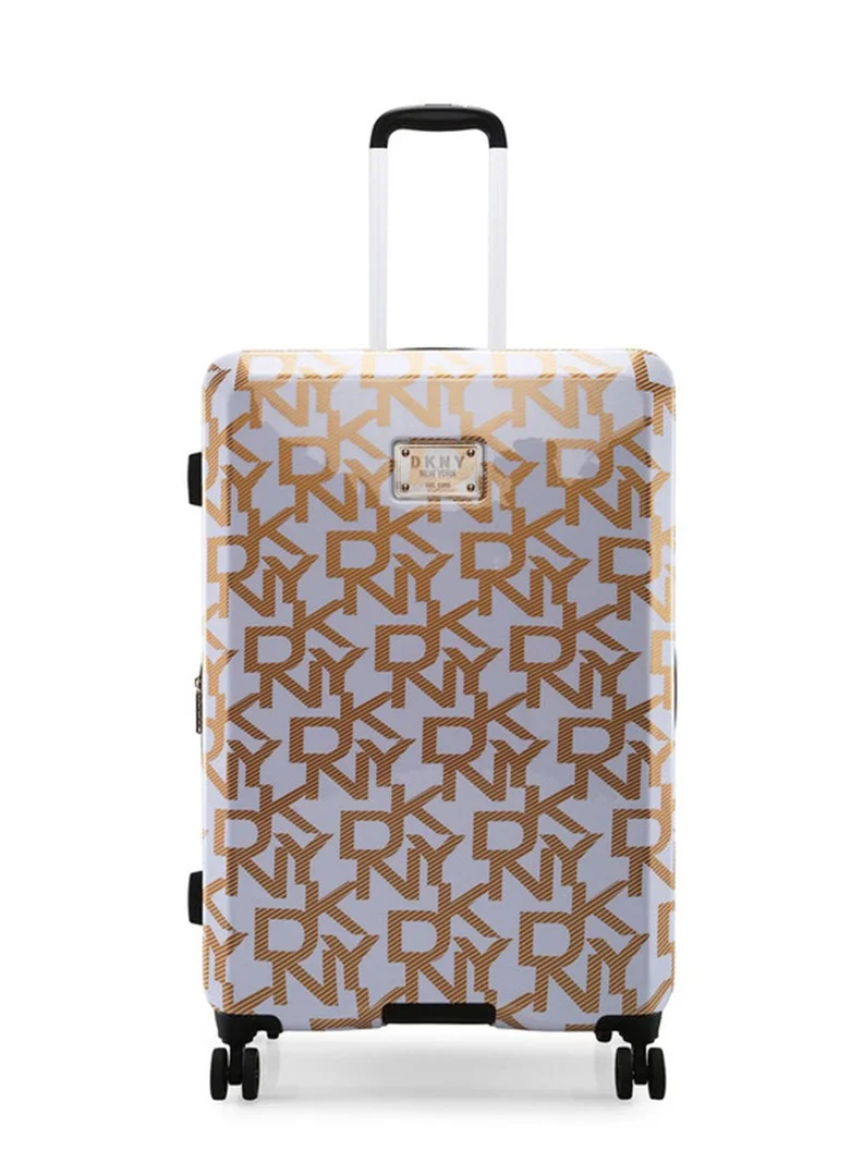 DKNY Deco Signature Hard Case Luggage Trolley for Unisex ABS Lightweight 4 Double Wheeled Suitcase With Built In TSA Type Lock Color White/Gold
