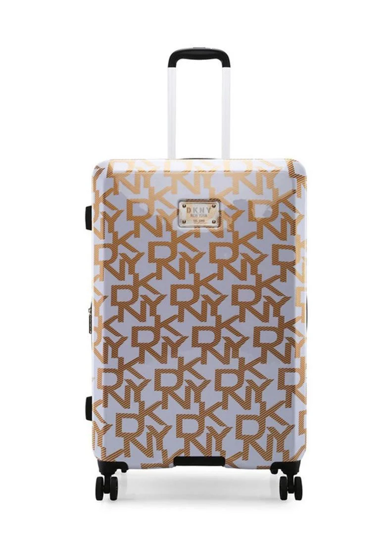DKNY Deco Signature Hard Case Luggage Trolley for Unisex ABS Lightweight 4 Double Wheeled Suitcase With Built In TSA Type Lock Color White/Gold