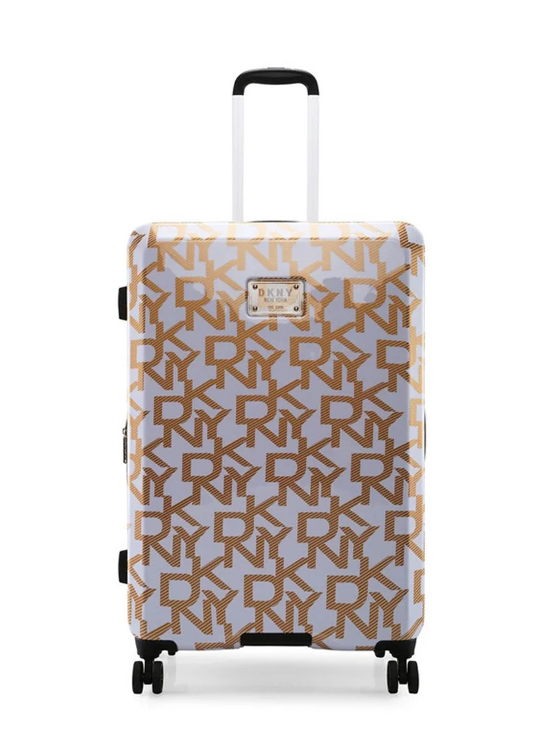 DKNY Deco Signature Hard Case Luggage Trolley for Unisex ABS Lightweight 4 Double Wheeled Suitcase With Built In TSA Type Lock Color White/Gold