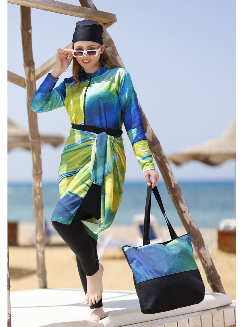 DAMAS COLLECTION 5-Piece Modest Burkini Set for Women – Full Coverage Water-Repellent Swimwear – Includes Skirt, Swim Cap, Hip Wrap and Tote Bag – Sun Protection Swimwear  - Image 1