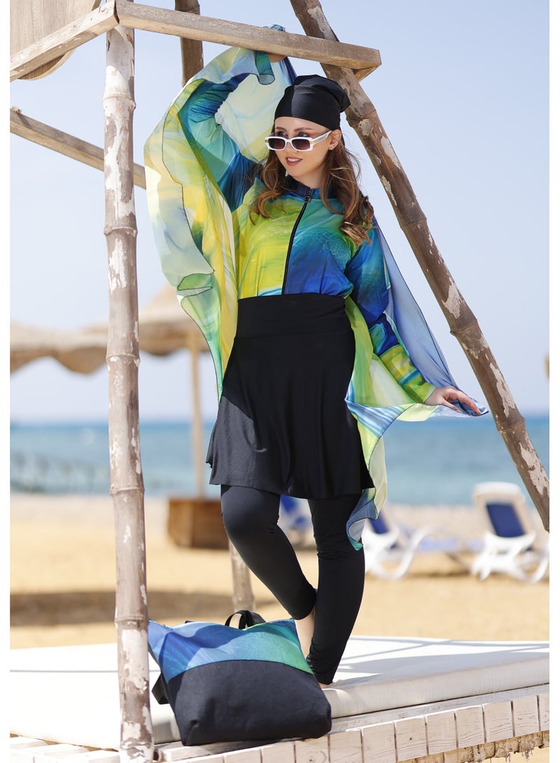 DAMAS COLLECTION 5-Piece Modest Burkini Set for Women – Full Coverage Water-Repellent Swimwear – Includes Skirt, Swim Cap, Hip Wrap and Tote Bag – Sun Protection Swimwear  - Image 3