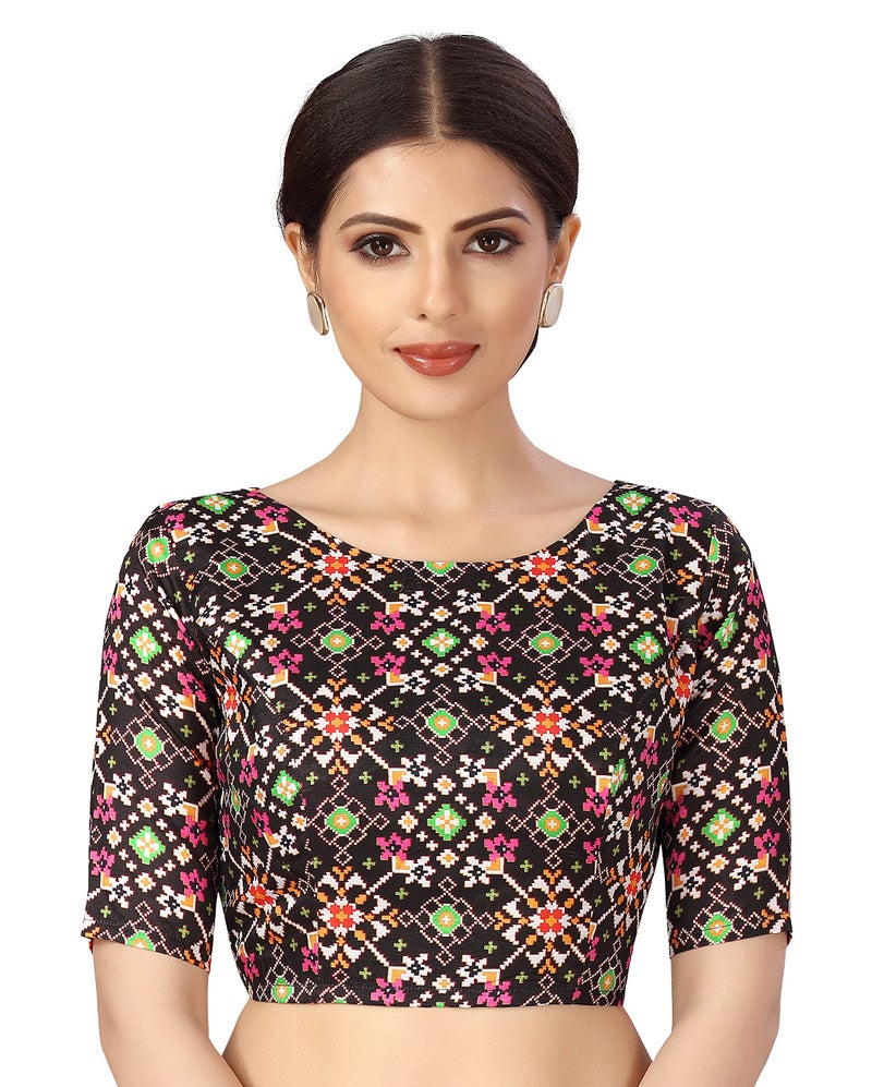Studio Shringaar Women Crepe Elbow Length Sleeves Readymade Ikkat Printed Saree Blouse (Black, 38) - Image 1