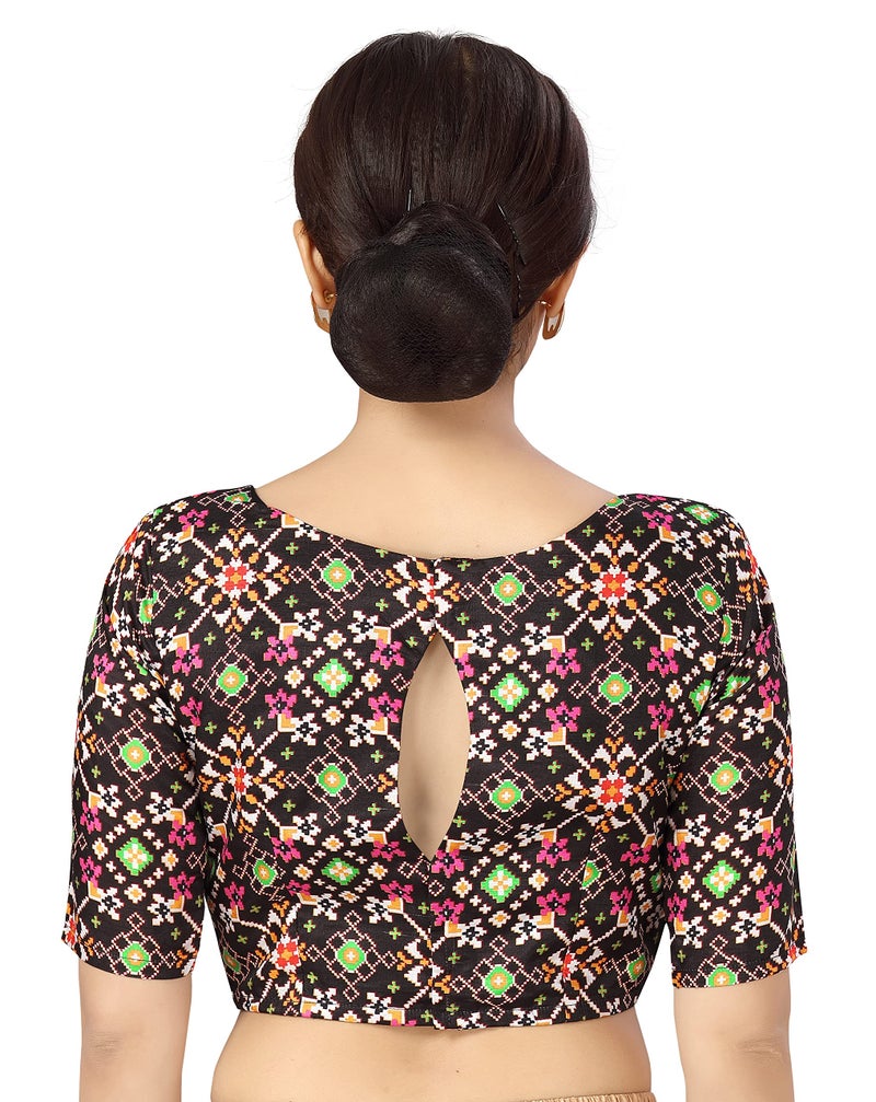 Studio Shringaar Women Crepe Elbow Length Sleeves Readymade Ikkat Printed Saree Blouse (Black, 38) - Image 4