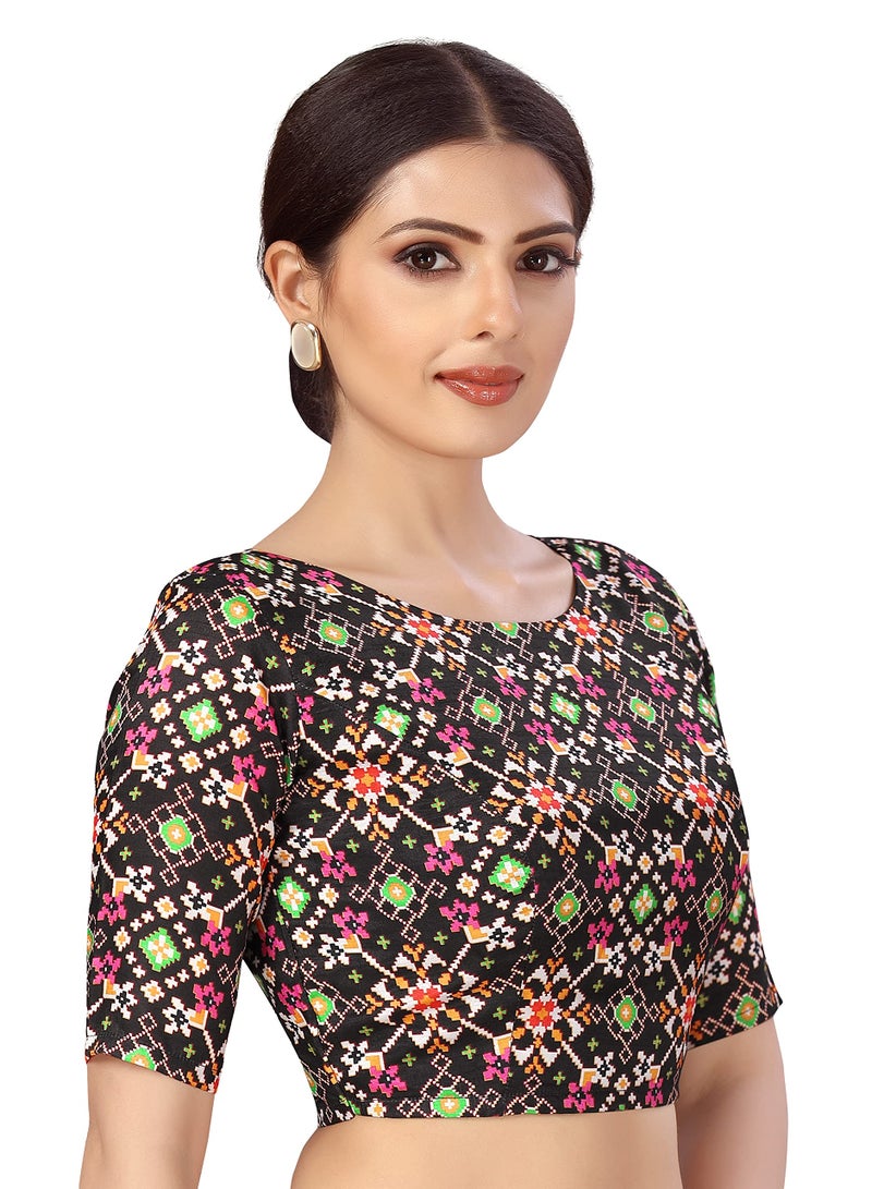 Studio Shringaar Women Crepe Elbow Length Sleeves Readymade Ikkat Printed Saree Blouse (Black, 38) - Image 2