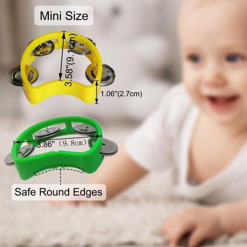Bealuffe Tambourine Mini Hand Bell Percussion Musical Instrument Small Tambourine (1 Green and 1 Yellow) - Image 2