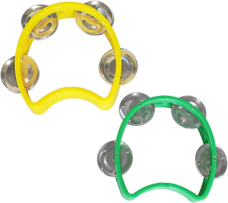 Bealuffe Tambourine Mini Hand Bell Percussion Musical Instrument Small Tambourine (1 Green and 1 Yellow) - Image 1