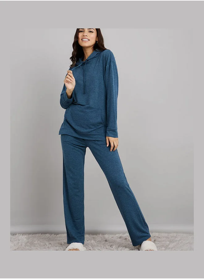 Styli Melange Kangaroo Pocket Detail Hoodie and Deep Raw Edge Pocket Trouser Lounge Set