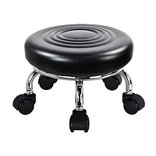 WKWKER Modern Roller Seat PU Leather Foot Stool Low Round Rolling Stool 360 Step Stool Swivel Small Seat with Universal Wheels for Home Office Garage Shop Fitness Sport H84 Black - Image 1