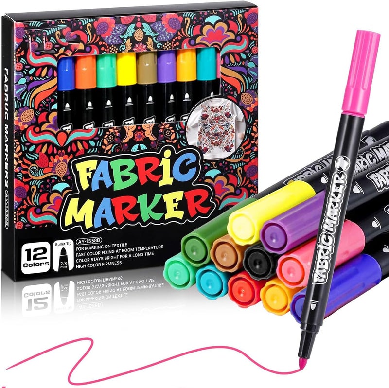KASTWAVE 12 Fabric Markers Pens Set, Textile Marker Washable, Non Toxic Fabric Paint Pens, Permanent Marker for Clothes, Fine Point Textile Marker Pen, Craft Paint Pens Art Markers - Image 1