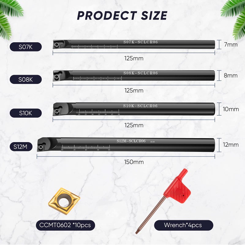 Honoson مجموعة أدوات حفر المخرطة 14 قطعة 4 قطع بزاوية 95 درجة S07K/ S08K/ S10K/ S12M-SCLCR06 حامل أدوات حفر المخرطة الداخلية مع 10 قطع من شفرات كربيد CCMT0602 و 4 قطع من المفاتيح - Image 2