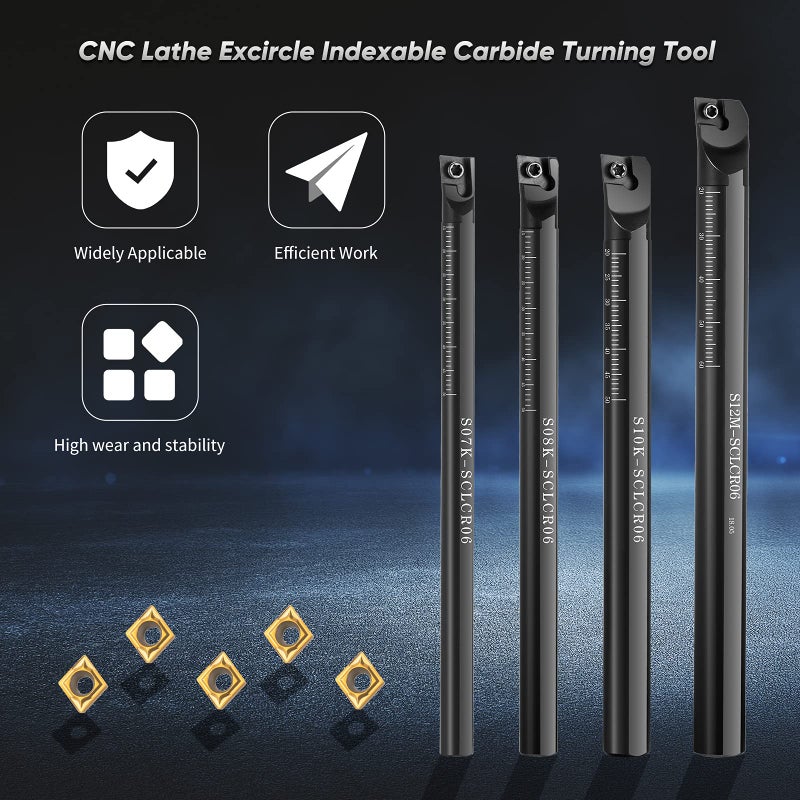 Honoson مجموعة أدوات حفر المخرطة 14 قطعة 4 قطع بزاوية 95 درجة S07K/ S08K/ S10K/ S12M-SCLCR06 حامل أدوات حفر المخرطة الداخلية مع 10 قطع من شفرات كربيد CCMT0602 و 4 قطع من المفاتيح - Image 5