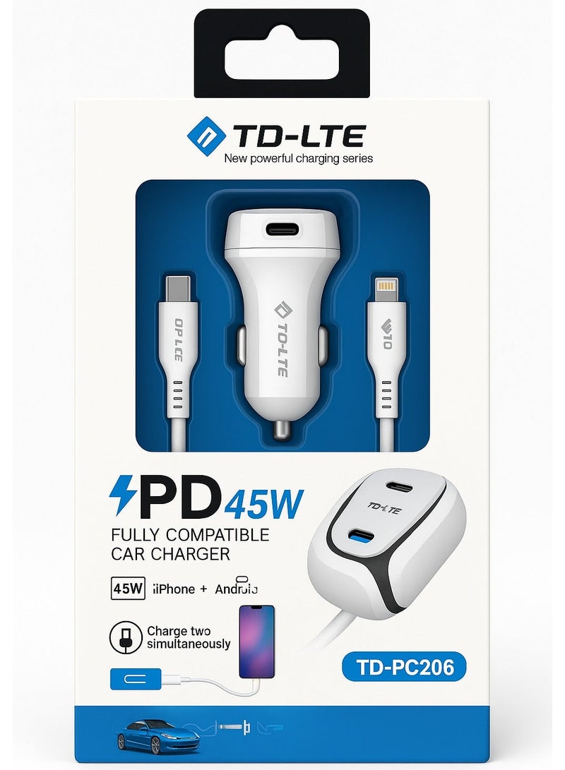 تي دي كيه-إل تي إي شاحن سيارة سريع 45 واط PD من TD-LTE بمنفذين USB و Type-C مع كابل شحن يدعم الشحن السريع QC 3.0 لأجهزة آيفون وأندرويد - Image 2