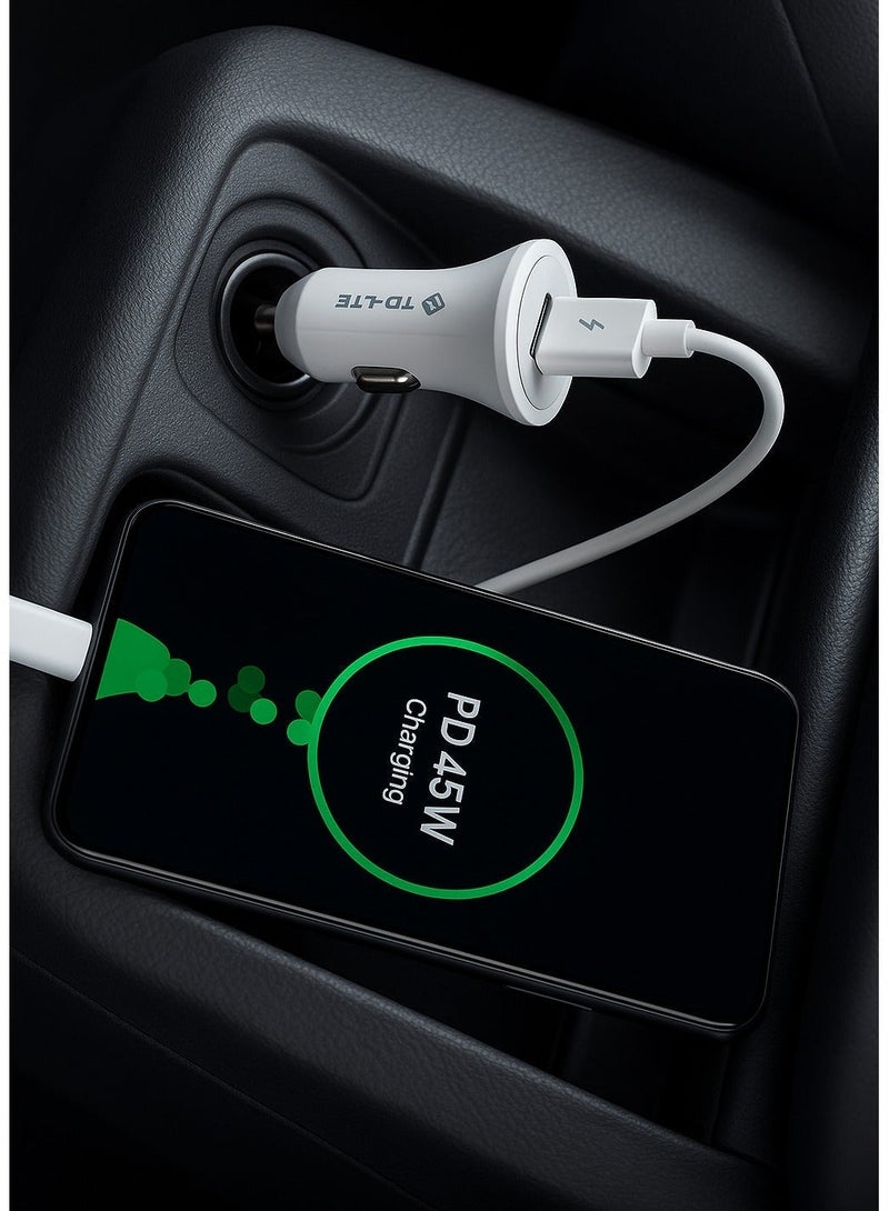 تي دي كيه-إل تي إي شاحن سيارة سريع 45 واط PD من TD-LTE بمنفذين USB و Type-C مع كابل شحن يدعم الشحن السريع QC 3.0 لأجهزة آيفون وأندرويد - Image 3