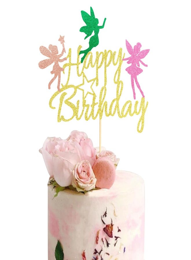 Arthsdite Fairy Cake Topper, Girl Birthday Party Decoration Topper, Fairy Happy Birthday Decoration - Gold Glitter - Image 1