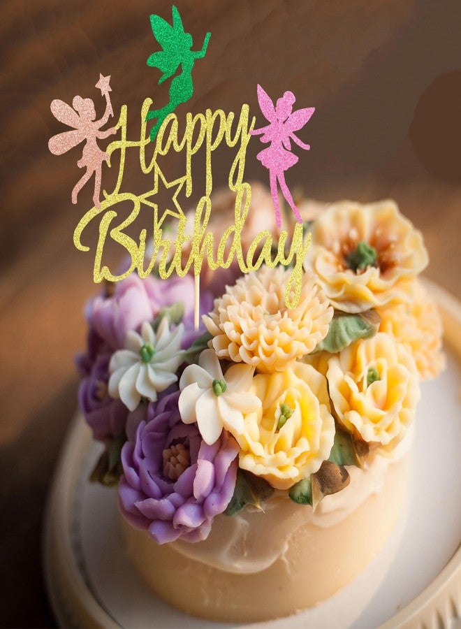 Arthsdite Fairy Cake Topper, Girl Birthday Party Decoration Topper, Fairy Happy Birthday Decoration - Gold Glitter - Image 3