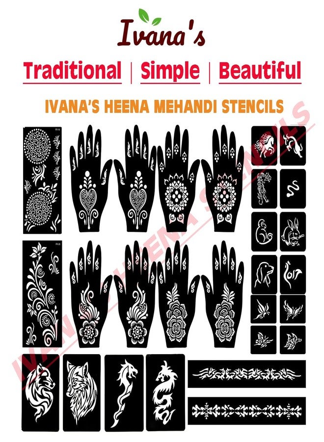 إيفاناز مجموعة إيفانا المكونة من 34 قطعة من قوالب الحناء القابلة لإعادة الاستخدام لليدين والمعصمين والجسم والظهر والرقبة والوجه، عبوة كومبو من القوالب للنساء والفتيات والأطفال، سهلة الاستخدام في 4 خطوات فقط، مجموعة تصميم هندي، A2179 - Image 5
