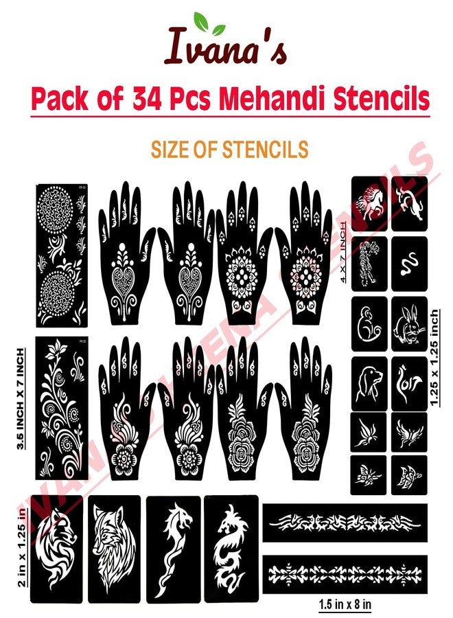 إيفاناز مجموعة إيفانا المكونة من 34 قطعة من قوالب الحناء القابلة لإعادة الاستخدام لليدين والمعصمين والجسم والظهر والرقبة والوجه، عبوة كومبو من القوالب للنساء والفتيات والأطفال، سهلة الاستخدام في 4 خطوات فقط، مجموعة تصميم هندي، A2179 - Image 4