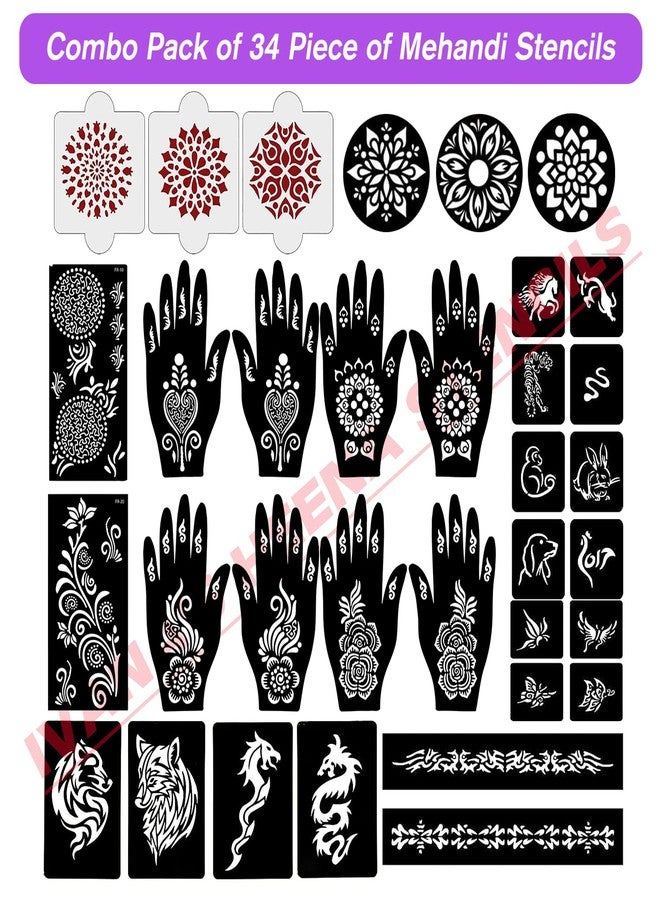 إيفاناز مجموعة إيفانا المكونة من 34 قطعة من قوالب الحناء القابلة لإعادة الاستخدام لليدين والمعصمين والجسم والظهر والرقبة والوجه، عبوة كومبو من القوالب للنساء والفتيات والأطفال، سهلة الاستخدام في 4 خطوات فقط، مجموعة تصميم هندي، A2179 - Image 2