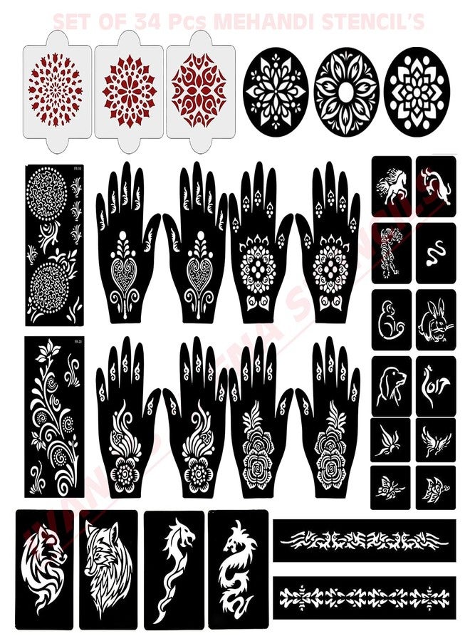 إيفاناز مجموعة إيفانا المكونة من 34 قطعة من قوالب الحناء القابلة لإعادة الاستخدام لليدين والمعصمين والجسم والظهر والرقبة والوجه، عبوة كومبو من القوالب للنساء والفتيات والأطفال، سهلة الاستخدام في 4 خطوات فقط، مجموعة تصميم هندي، A2179 - Image 1