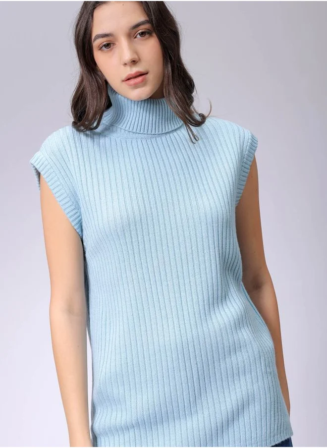 Freehand Women Relaxed Blue Solid High Neck Sleeveless Sweater