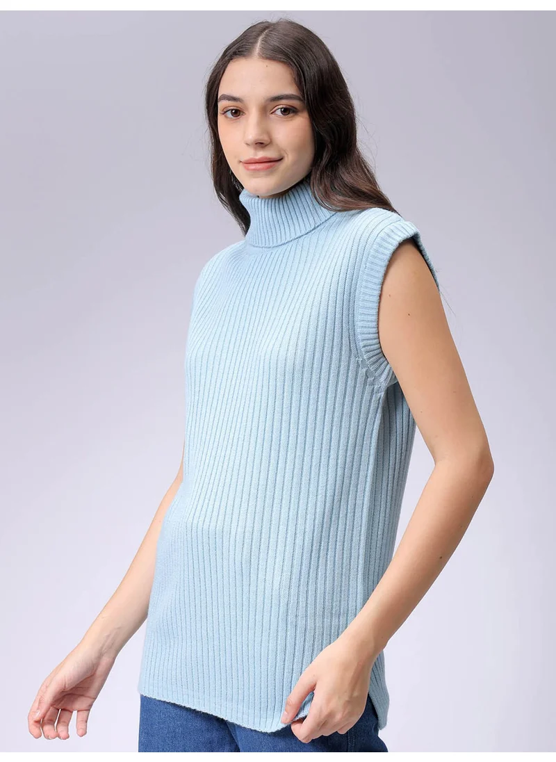 Freehand Women Relaxed Blue Solid High Neck Sleeveless Sweater