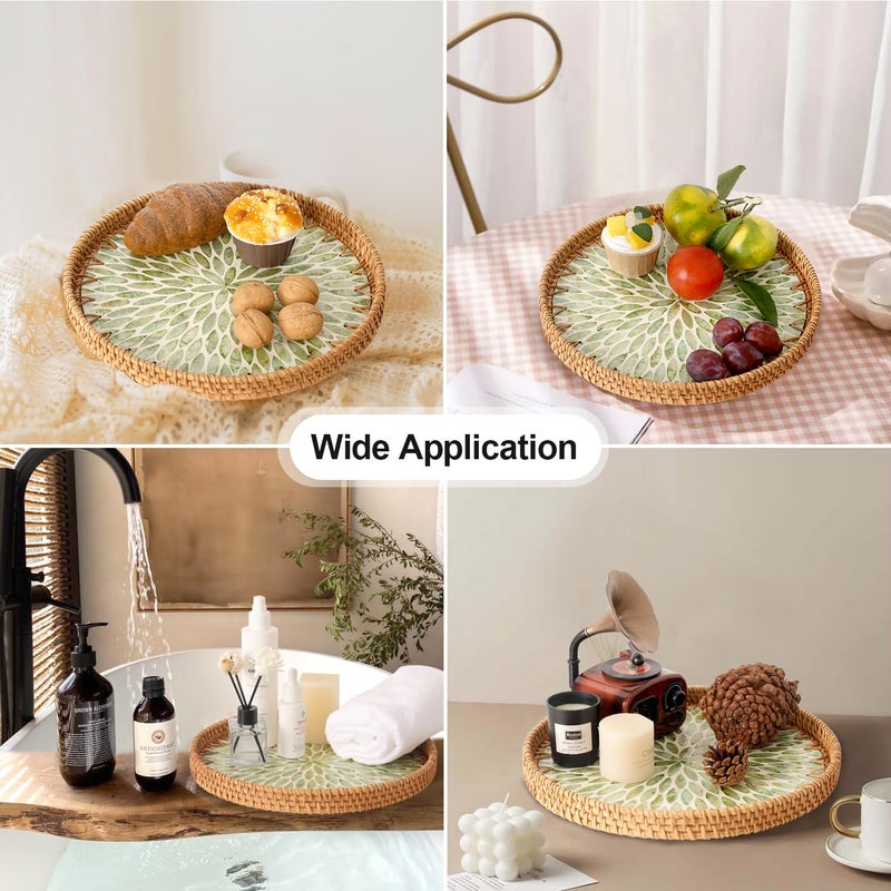 Tynulox Round Rattan Tray with Mother of Pearl Inlay, Rattan Serving Tray for Coffee, Bread, Fruits, Decorative Wicker Tray for Table Decor, Home Decor, Kitchen Island Decor (Green Leaf, 11.8") - Image 2