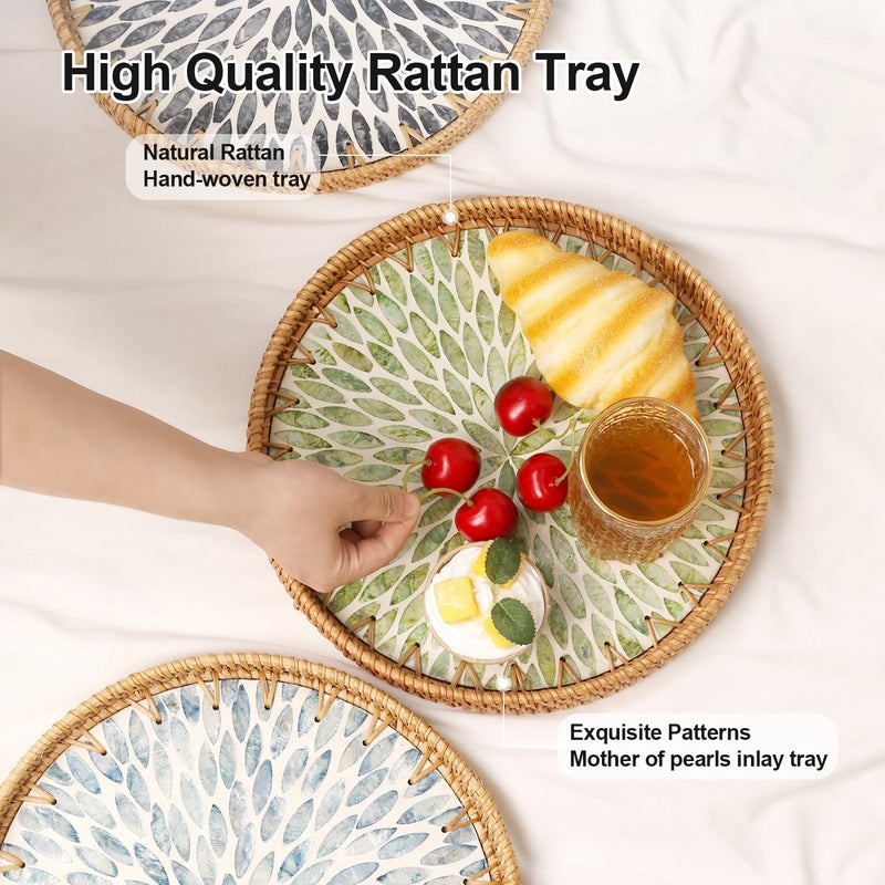 Tynulox Round Rattan Tray with Mother of Pearl Inlay, Rattan Serving Tray for Coffee, Bread, Fruits, Decorative Wicker Tray for Table Decor, Home Decor, Kitchen Island Decor (Green Leaf, 11.8") - Image 4