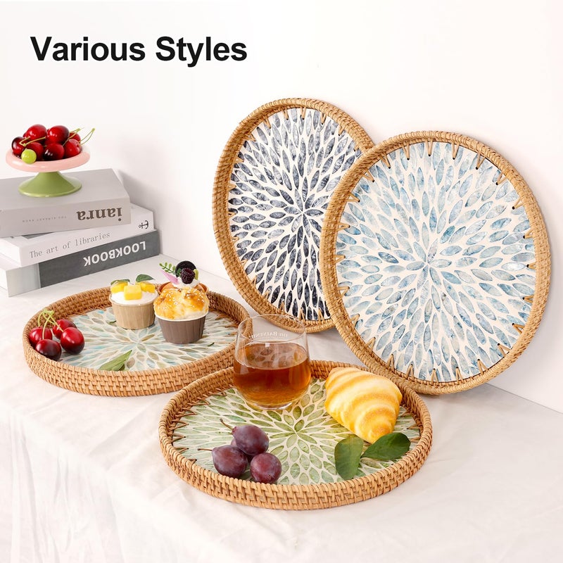 Tynulox Round Rattan Tray with Mother of Pearl Inlay, Rattan Serving Tray for Coffee, Bread, Fruits, Decorative Wicker Tray for Table Decor, Home Decor, Kitchen Island Decor (Green Leaf, 11.8") - Image 3