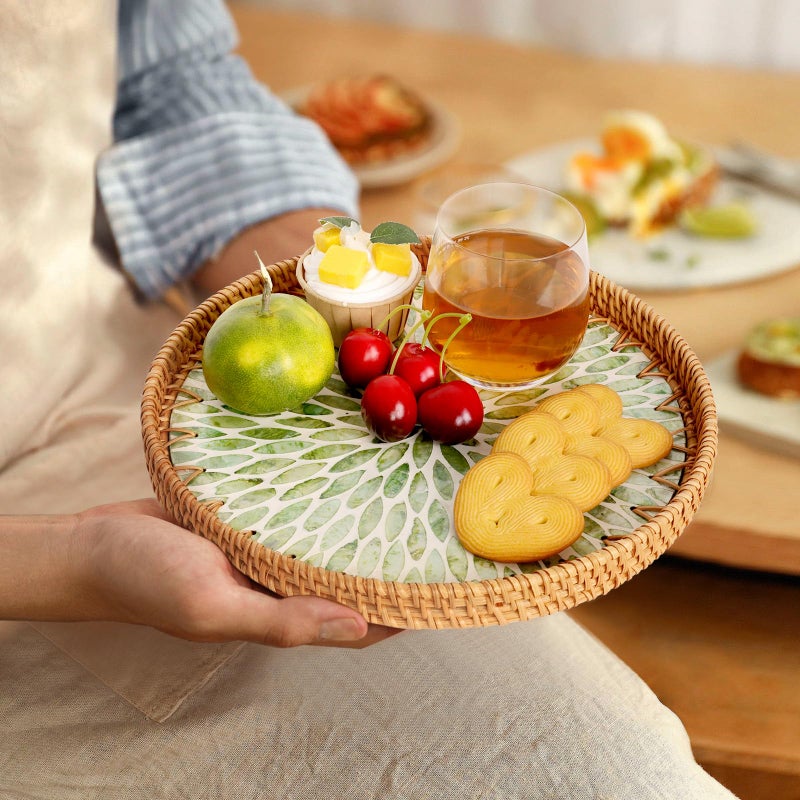 Tynulox Round Rattan Tray with Mother of Pearl Inlay, Rattan Serving Tray for Coffee, Bread, Fruits, Decorative Wicker Tray for Table Decor, Home Decor, Kitchen Island Decor (Green Leaf, 11.8") - Image 5