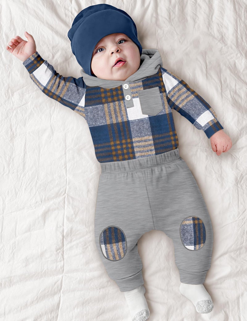Fommy Baby Boy Clothes 3-6 Months Fashion Infant Boy Outfits Baby Gray Flannel Plaid Long Sleeve Hoodie Romper & Gray Pants Fall Winter 2 Pcs Clothes for Boy - Image 4